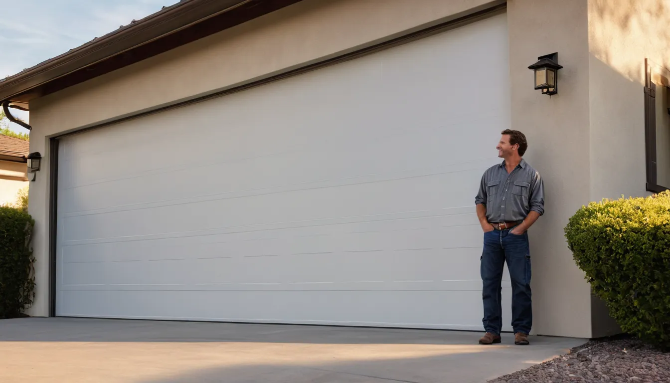 A newly installed garage door on a stucco ranch home in Saratoga, with a provider checking the finish
