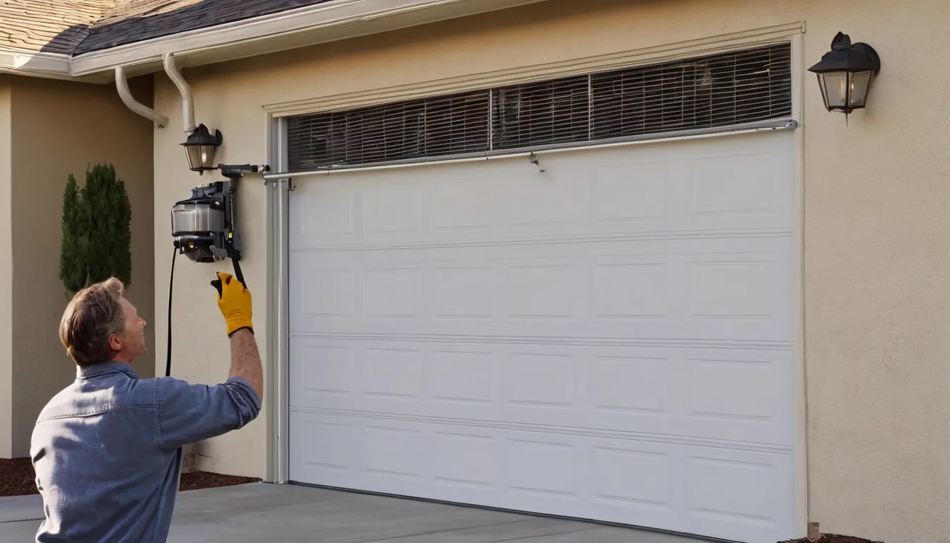 A local garage door provider checking a spring above a home garage door in Saratoga